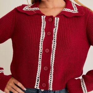 Lace Trim Red Cropped Sweater Cardigan